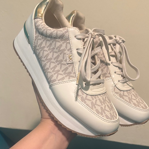 Michael Kors Shoes - Michael Kors Cream and Gold Logo Wedge Sneakers